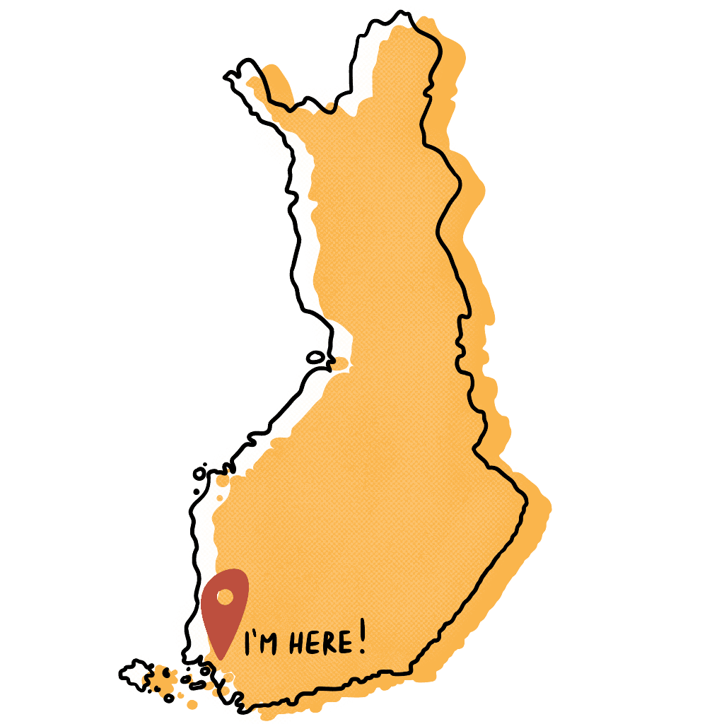 A map of Finland, with a marker by the city of Turku.