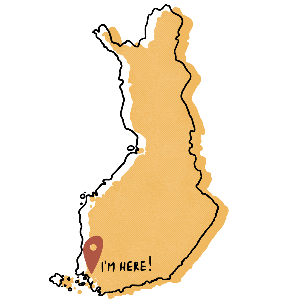 A map of Finland, with a marker by the city of Turku.
